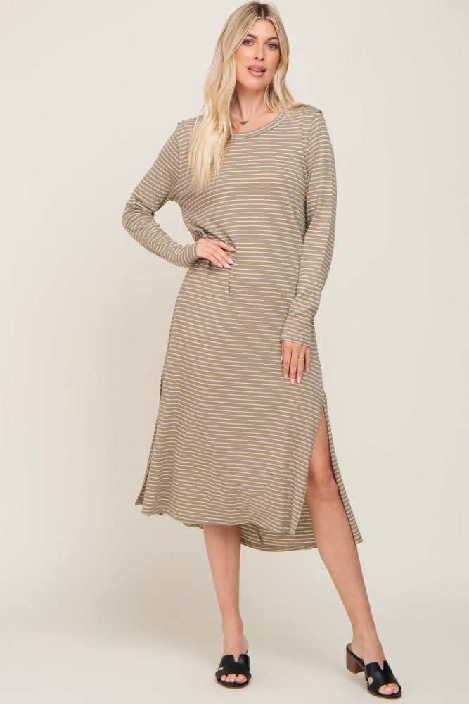 Light Olive Striped Side Slit Midi Dress sold by Pinkblush product image thumbnail 4