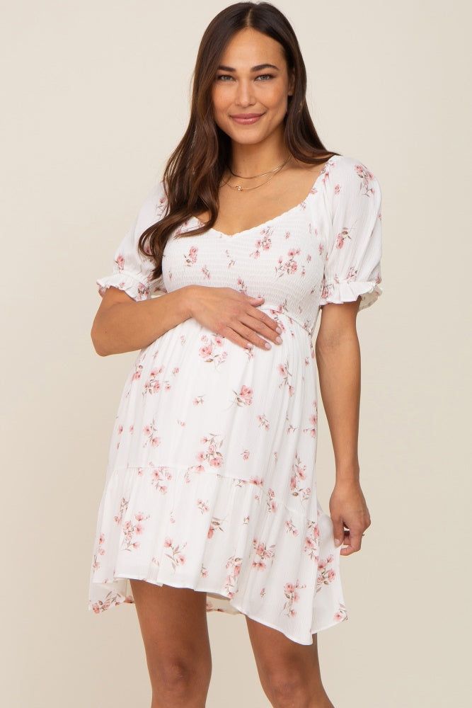White Floral Smocked Short Puff Sleeve Maternity Dress sold by Pinkblush product image thumbnail 2