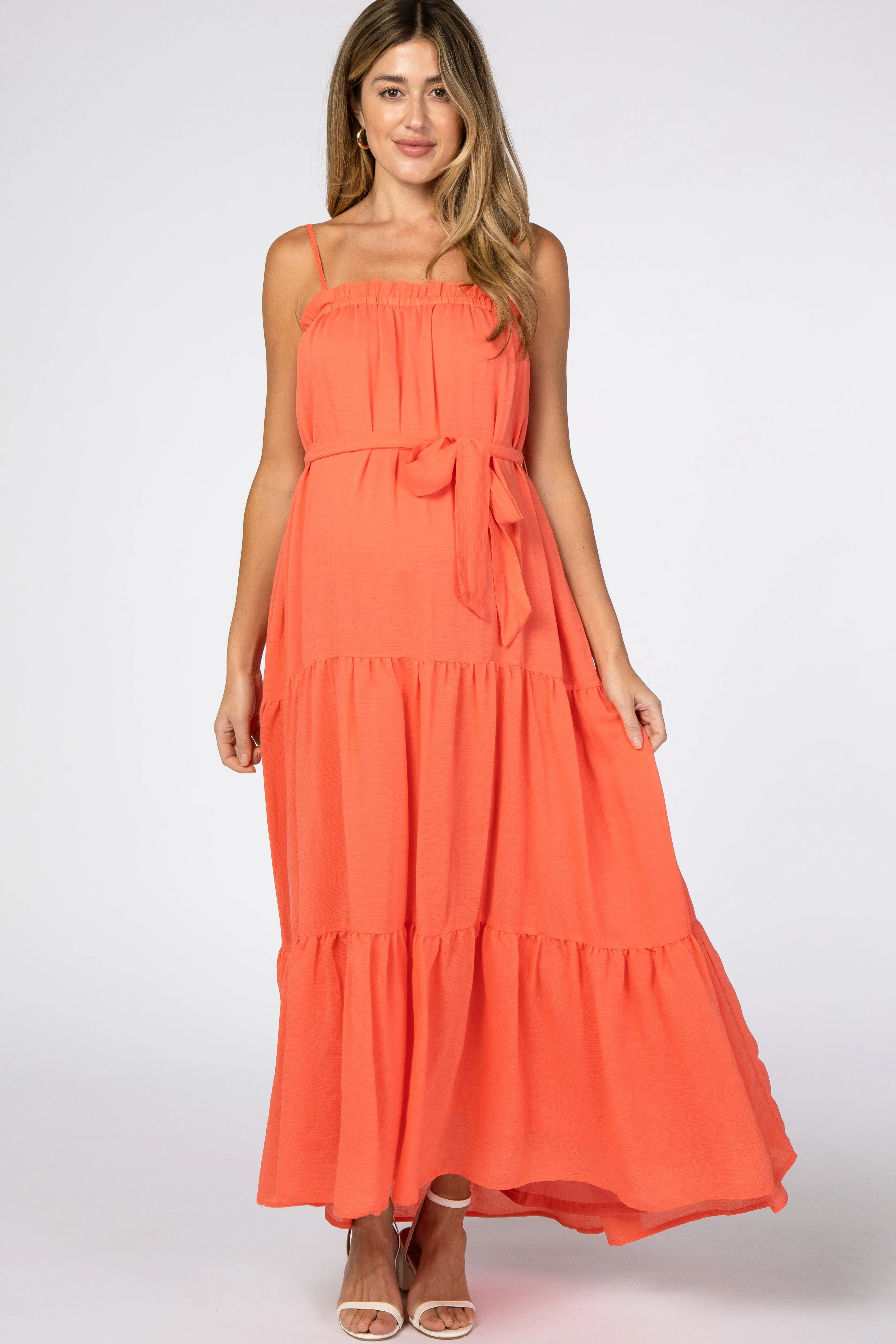 Orange Tiered Maternity Maxi Dress sold by Pinkblush