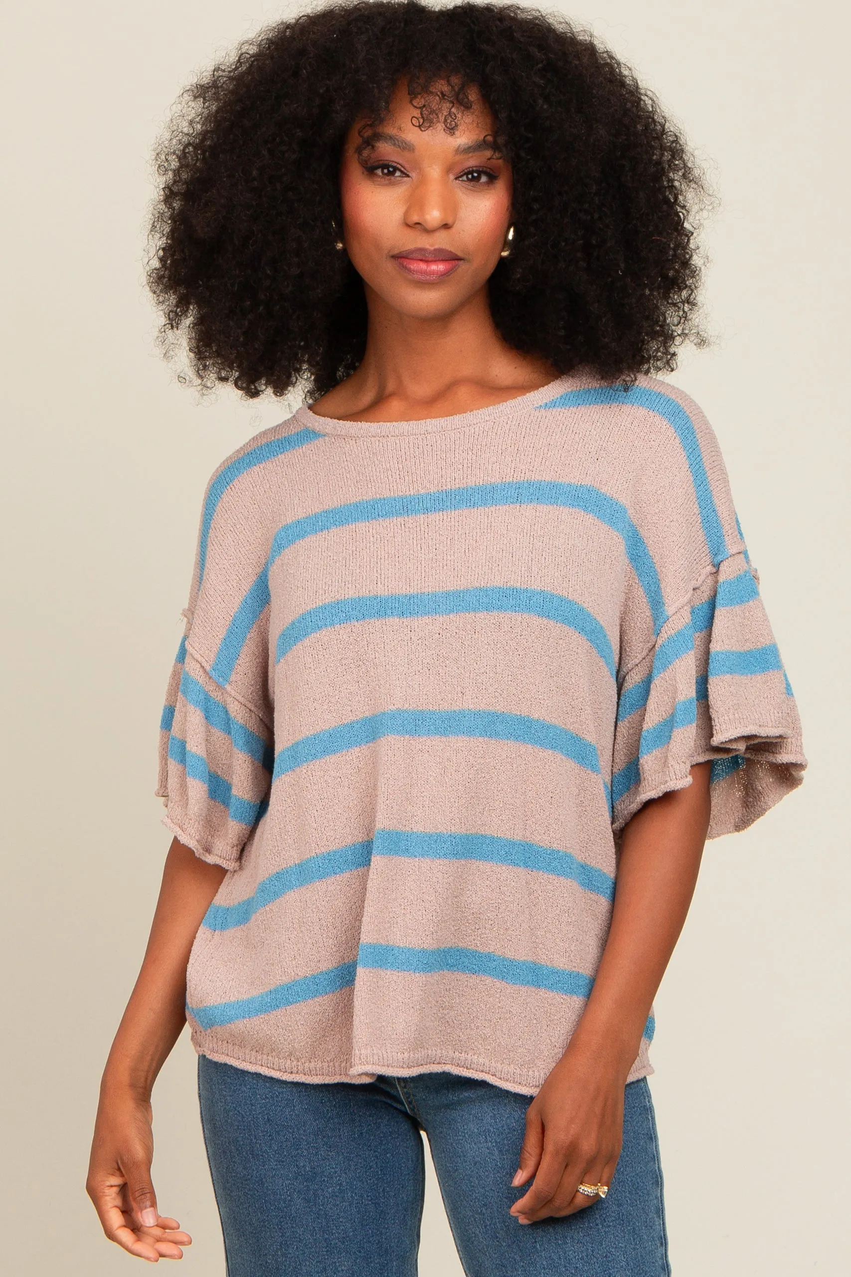 Blue Striped Ruffle Sleeve Knit Top sold by Pinkblush product image thumbnail 2