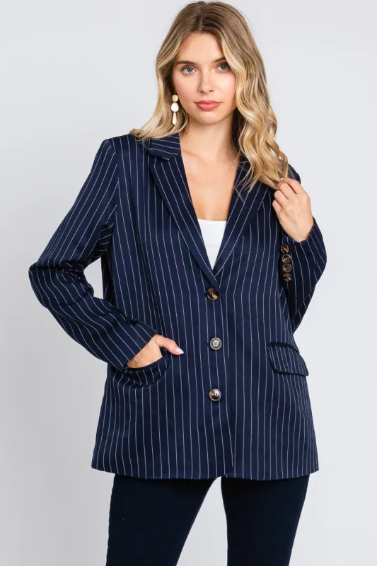 Navy Pinstripe Front Pocket Blazer sold by Pinkblush