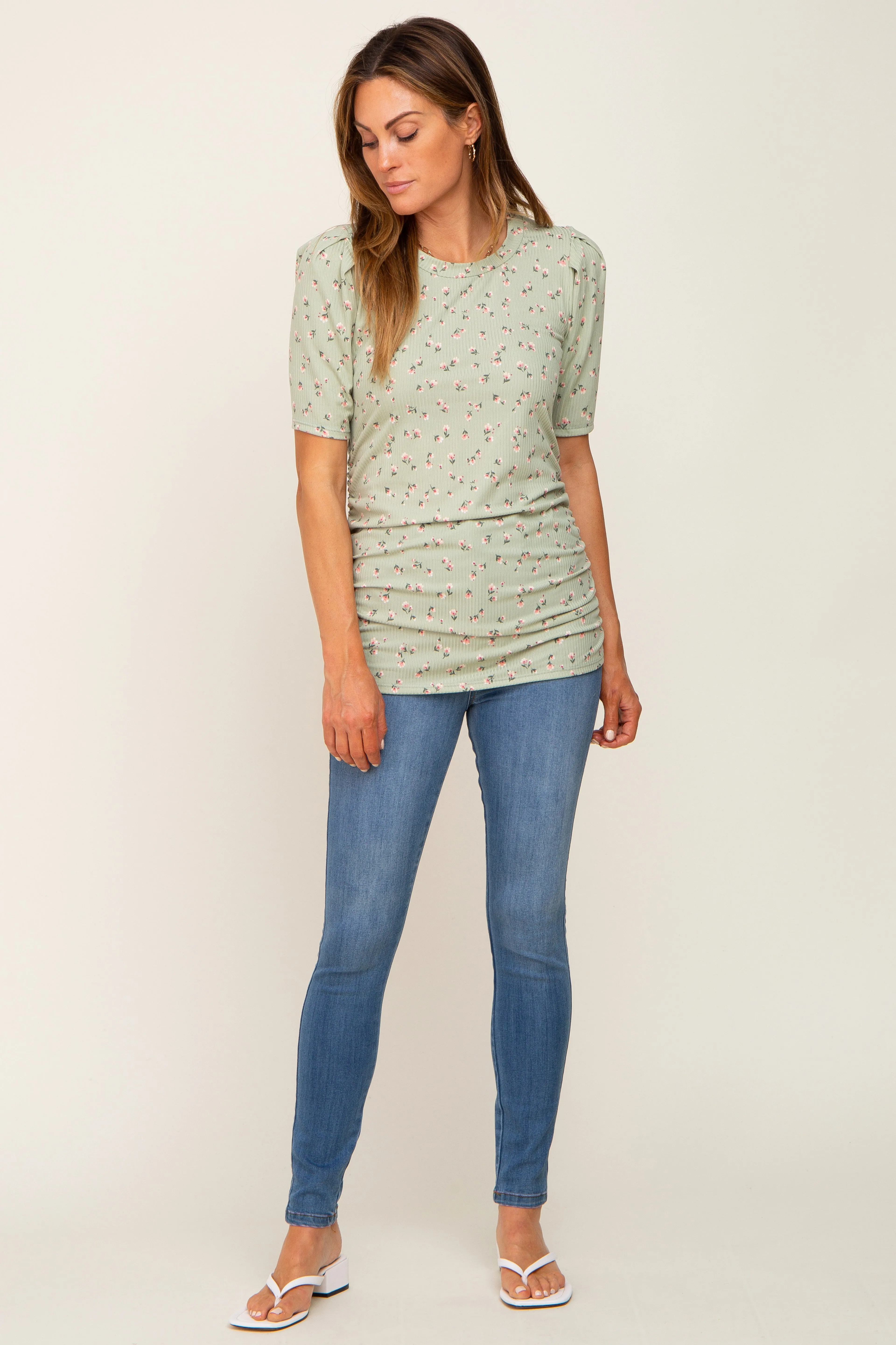 Light Olive Floral Side Ruched Short Sleeve Top sold by Pinkblush product image thumbnail 4