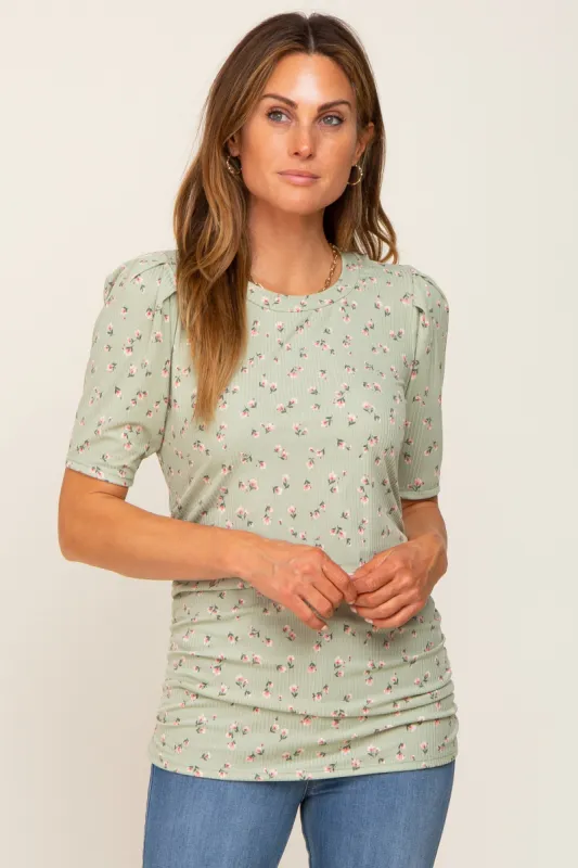 Light Olive Floral Side Ruched Short Sleeve Top sold by Pinkblush