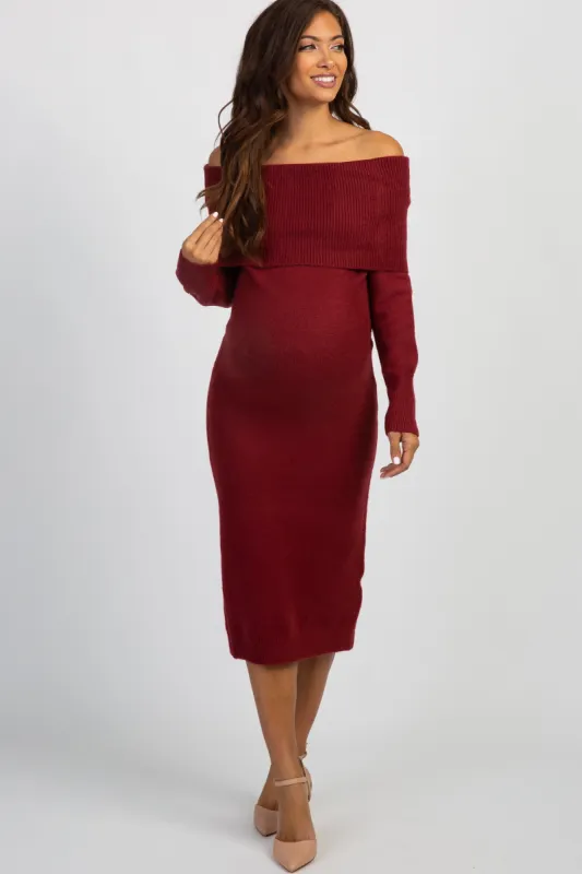 Burgundy Knit Off Shoulder Maternity Midi Dress sold by Pinkblush
