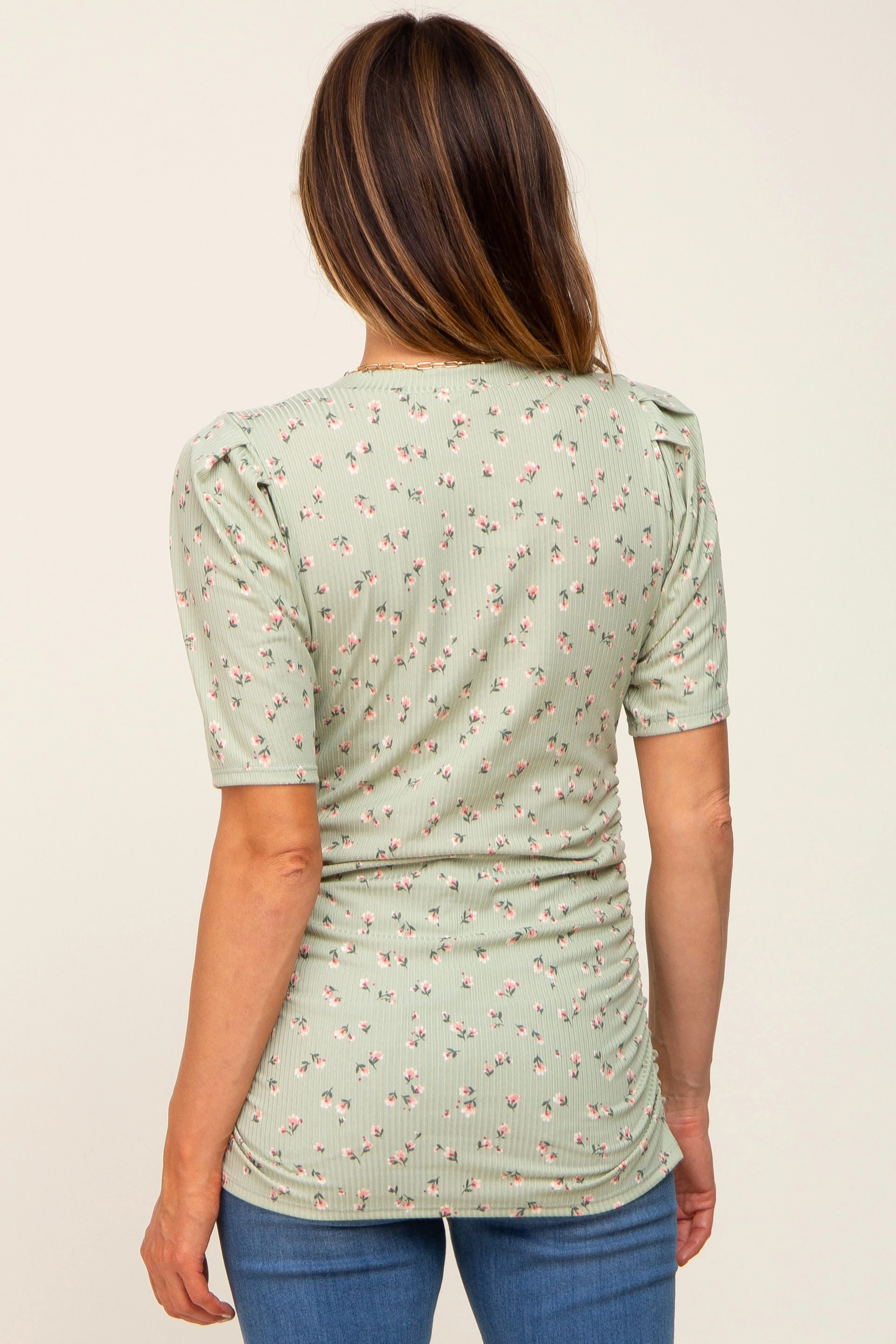 Light Olive Floral Side Ruched Short Sleeve Top sold by Pinkblush product image thumbnail 3