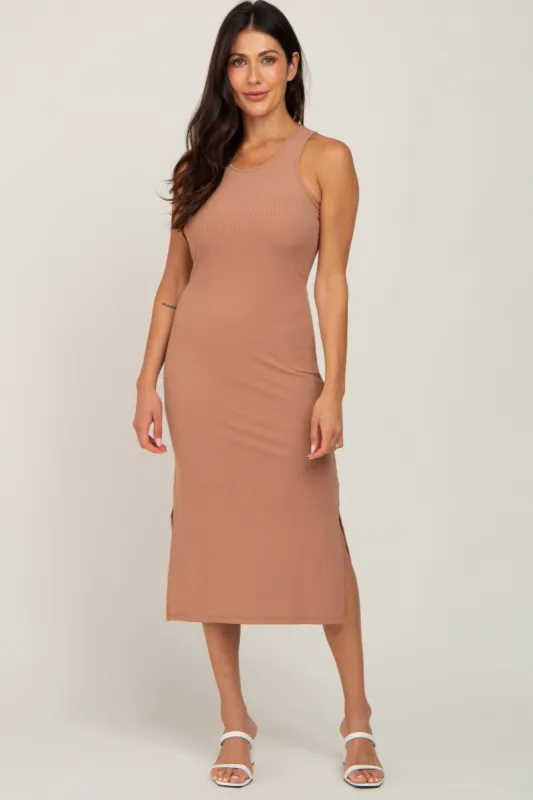 Mocha Ribbed Side Slit Midi Dress sold by Pinkblush