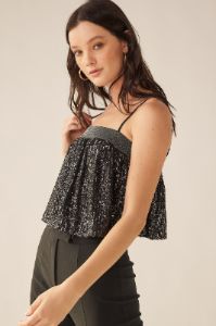 Silver Black Flowy Sequin Top With Elastic Band sold by Pinkblush