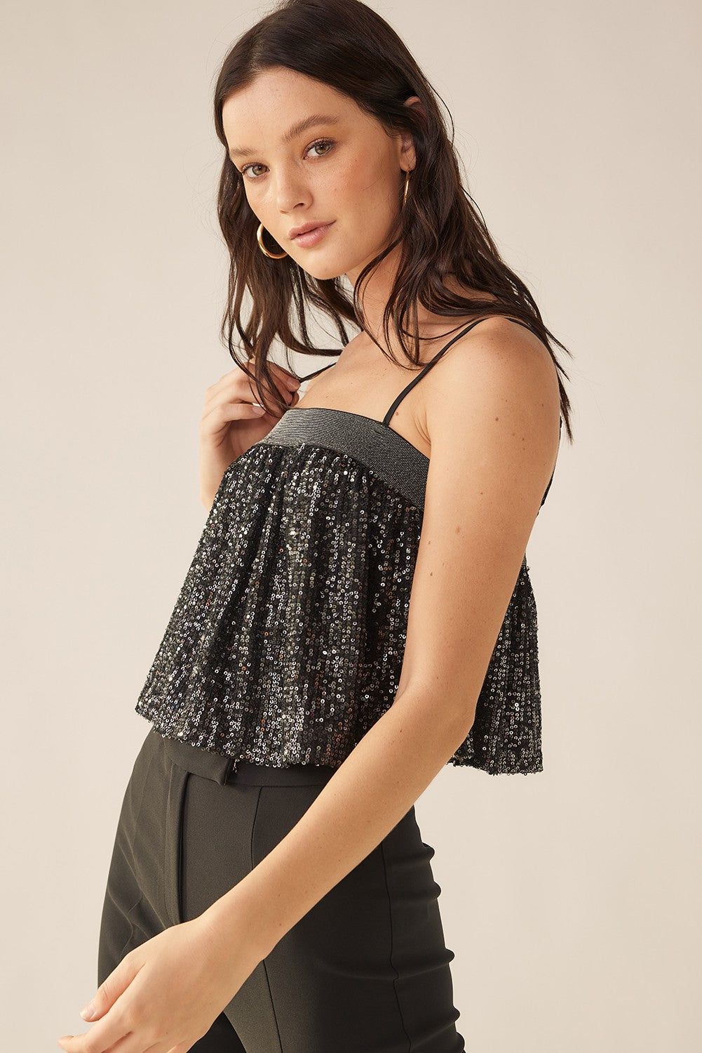 Silver Black Flowy Sequin Top With Elastic Band sold by Pinkblush product image thumbnail 2