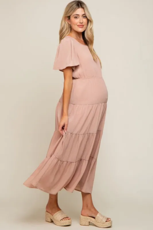 Mauve Tiered Short Sleeve Maternity Midi Dress sold by Pinkblush