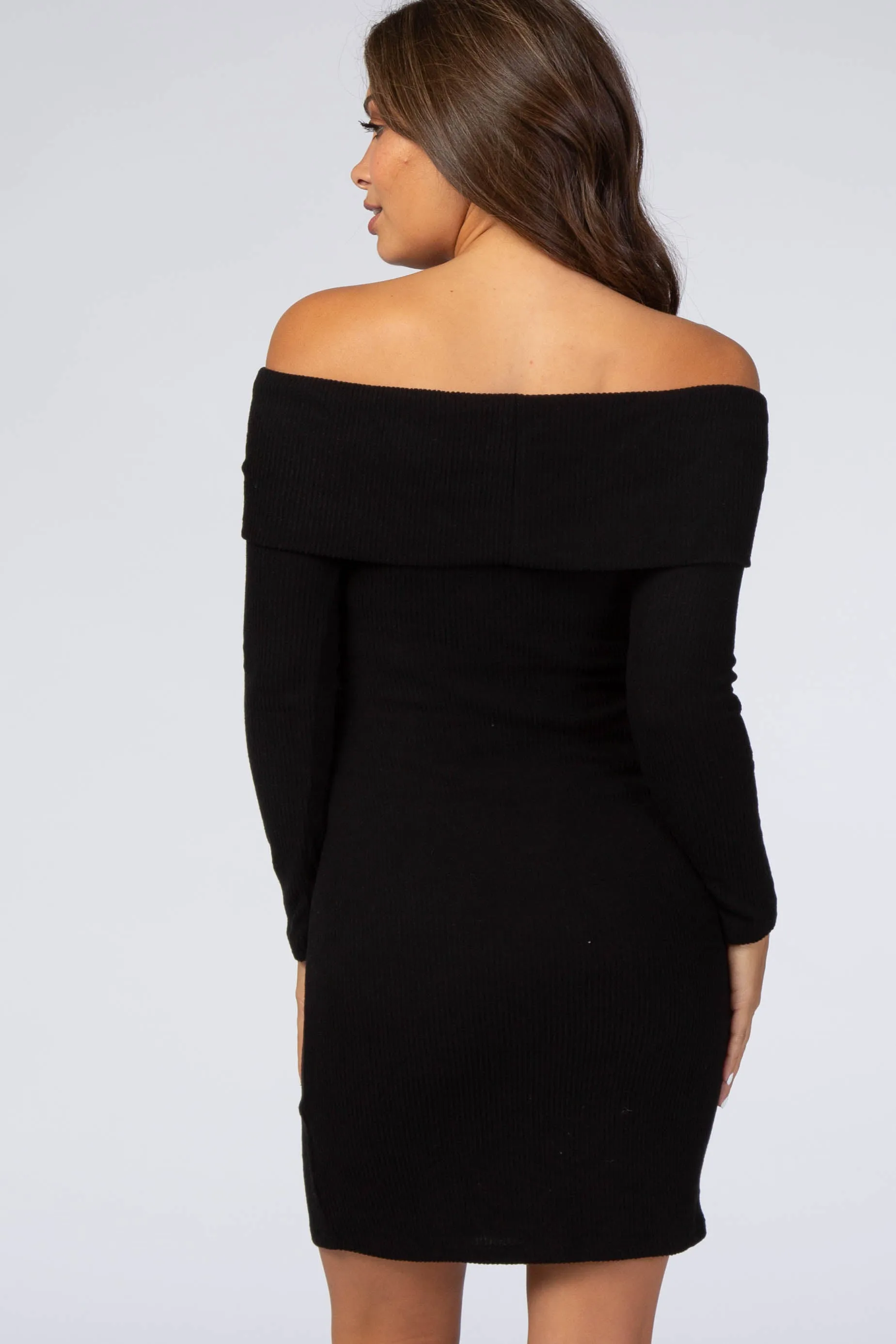 Black Soft Ribbed Folded Neck Off Shoulder Maternity Dress sold by Pinkblush product image thumbnail 3