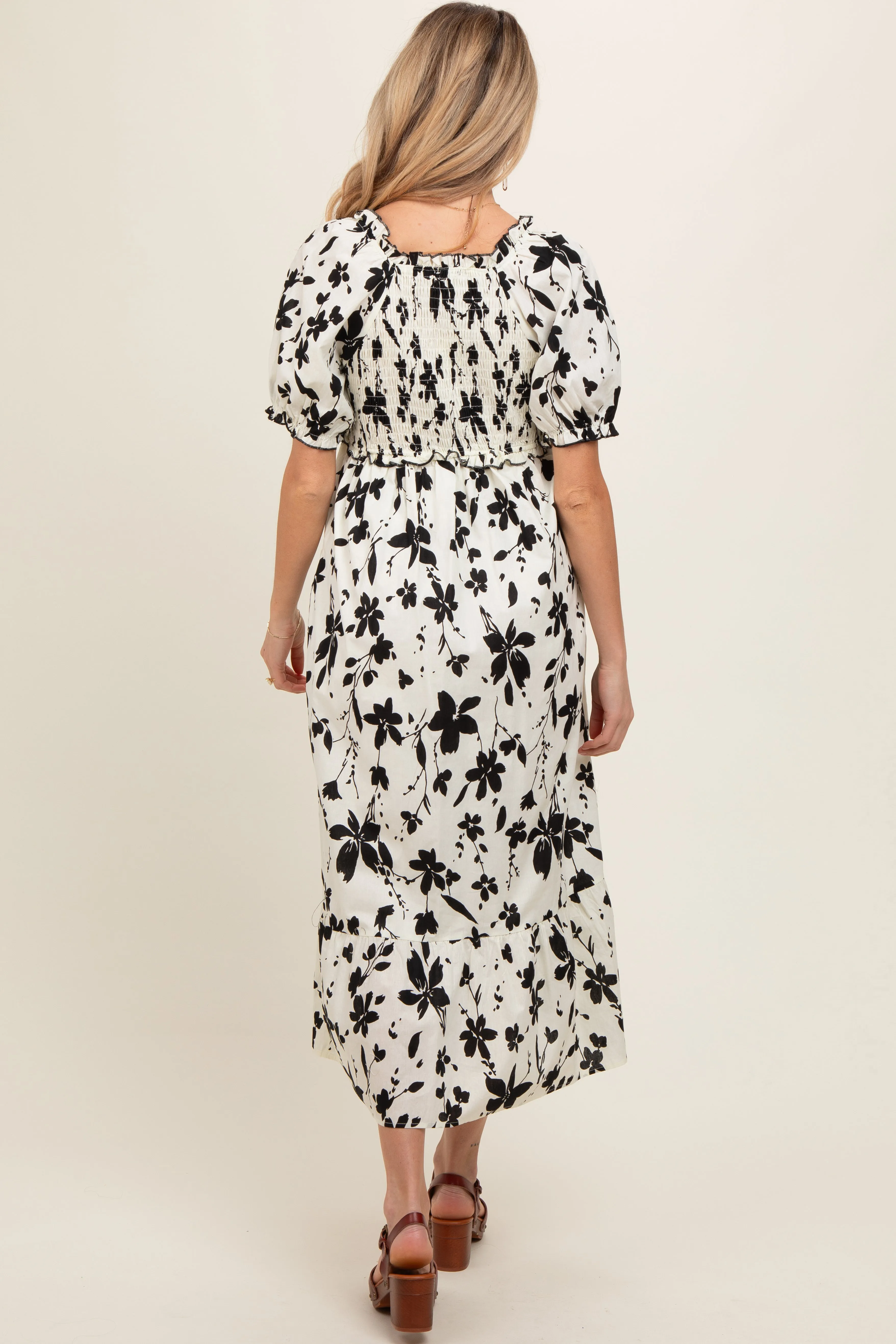Cream Floral Puff Sleeve Maternity Midi Dress sold by Pinkblush product image thumbnail 4