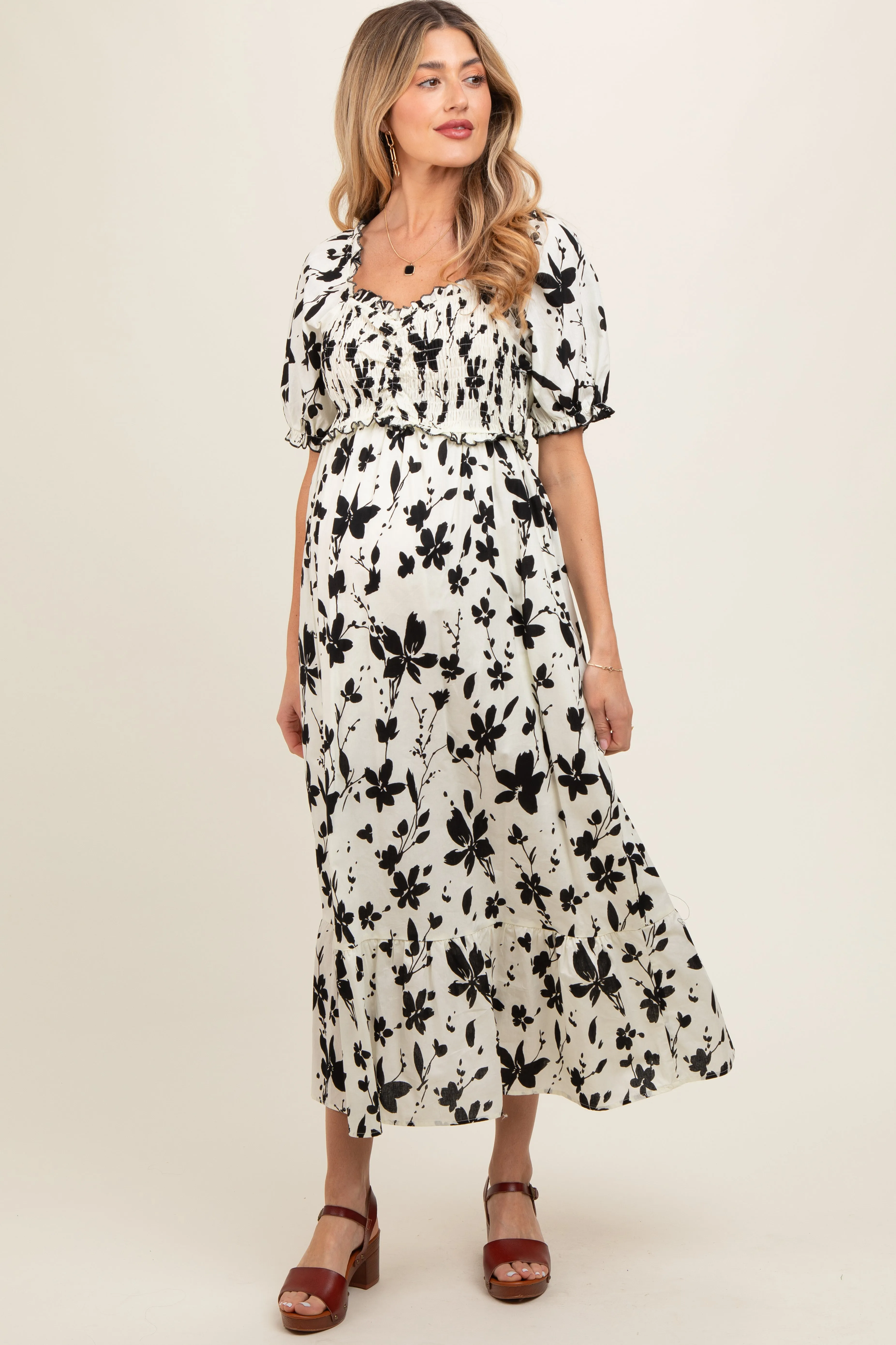 Cream Floral Puff Sleeve Maternity Midi Dress sold by Pinkblush