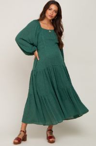 Forest Green Tiered Maternity Midi Dress sold by Pinkblush