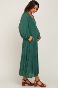 Forest Green Tiered Maternity Midi Dress sold by Pinkblush