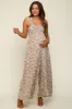 Beige Sleeveless Floral Smocked Ruffle Maternity Jumpsuit sold by Pinkblush