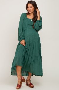Forest Green Tiered Maternity Midi Dress sold by Pinkblush