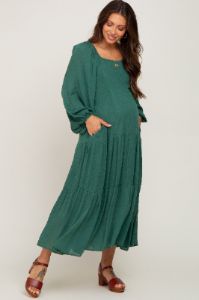 Forest Green Tiered Maternity Midi Dress sold by Pinkblush