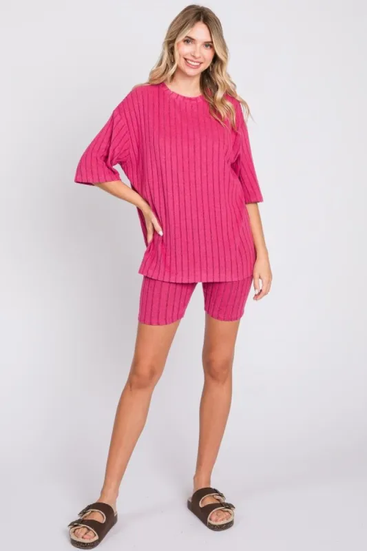 Fuchsia Ribbed Soft Short Sleeve Shorts Set sold by Pinkblush