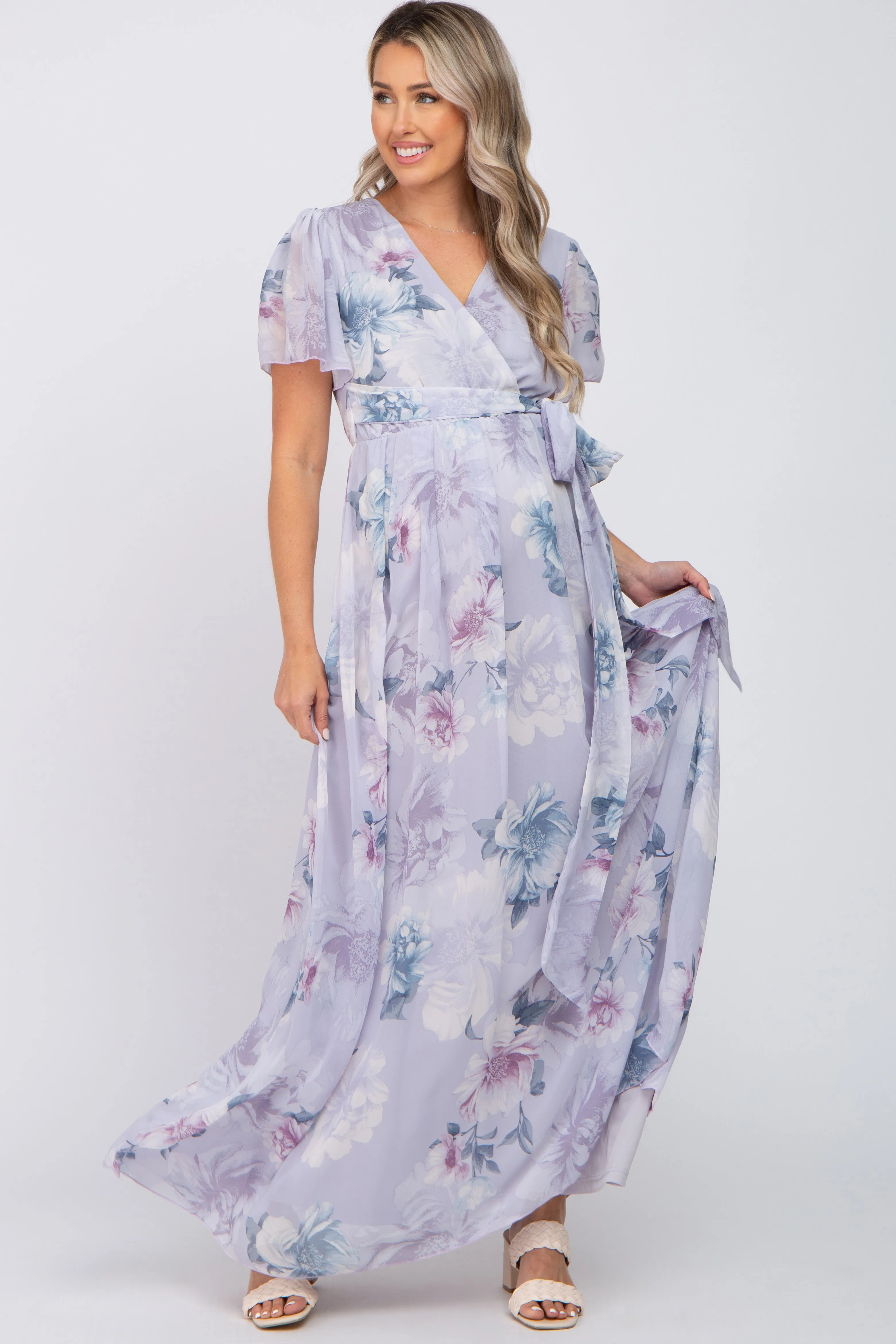 Lavender Floral Chiffon Wrap Front Short Sleeve Maternity Maxi Dress sold by Pinkblush product image thumbnail 4