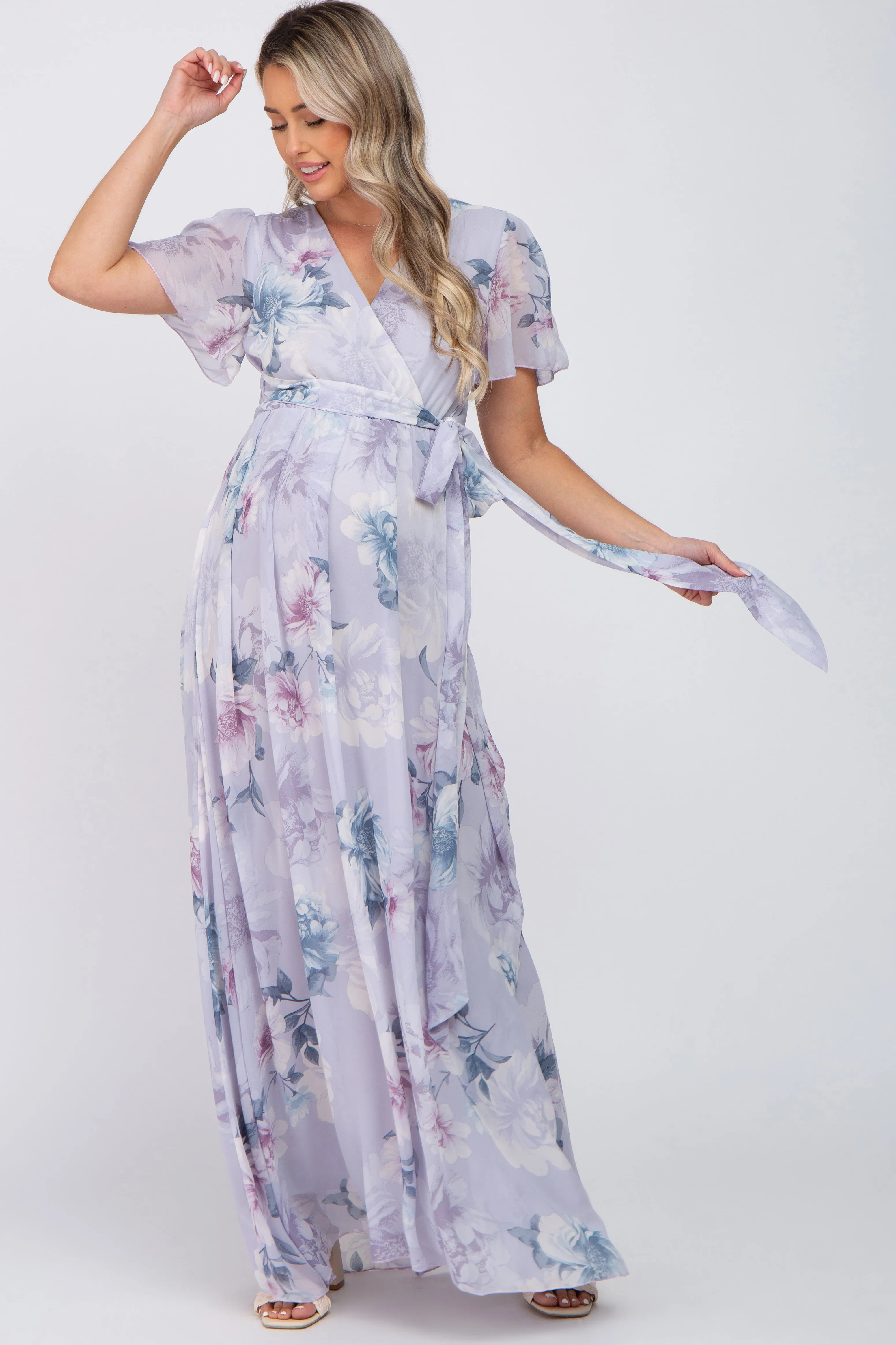 Lavender Floral Chiffon Wrap Front Short Sleeve Maternity Maxi Dress sold by Pinkblush