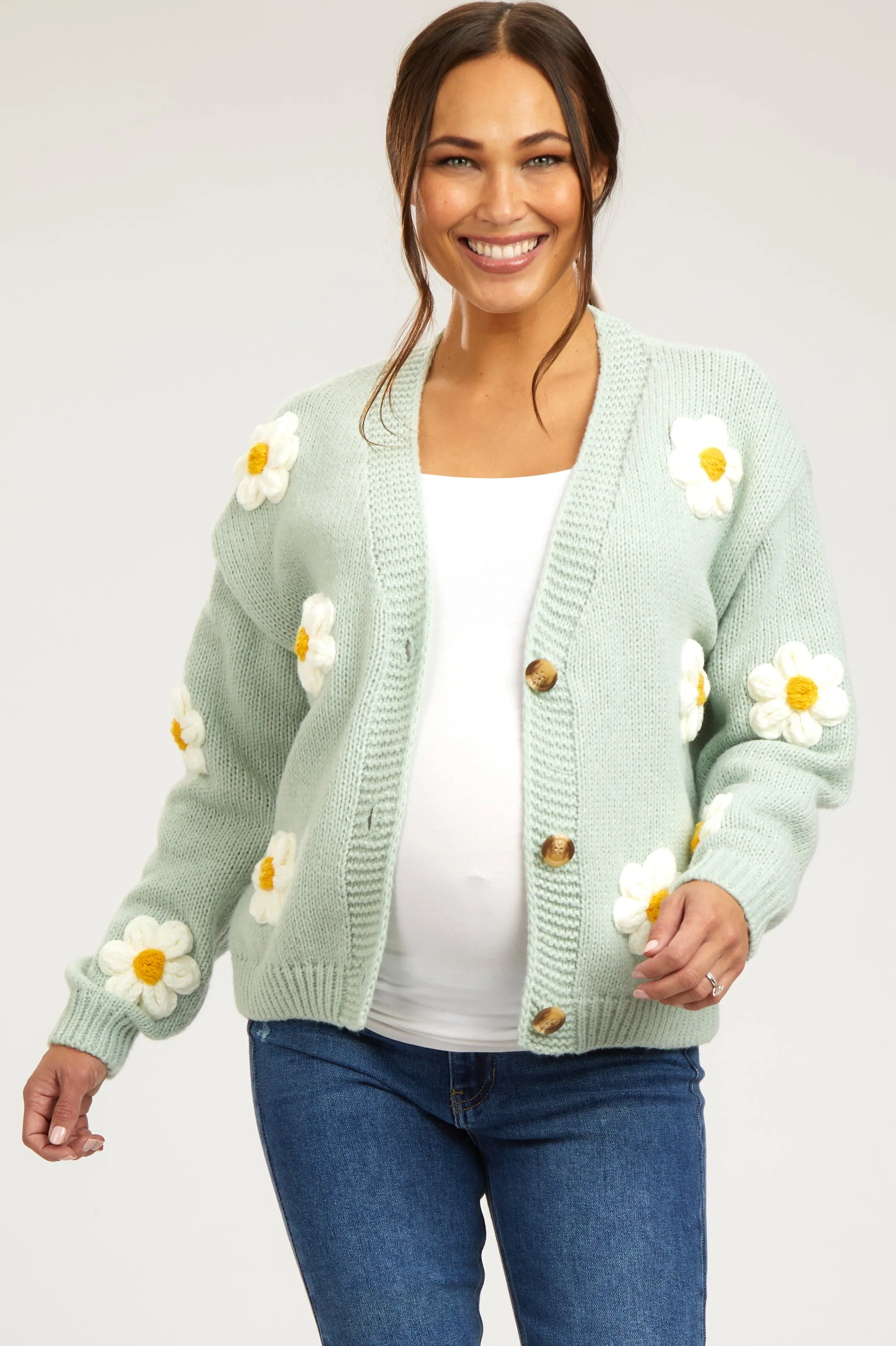 Mint Floral Knit Button Front Maternity Cardigan sold by Pinkblush