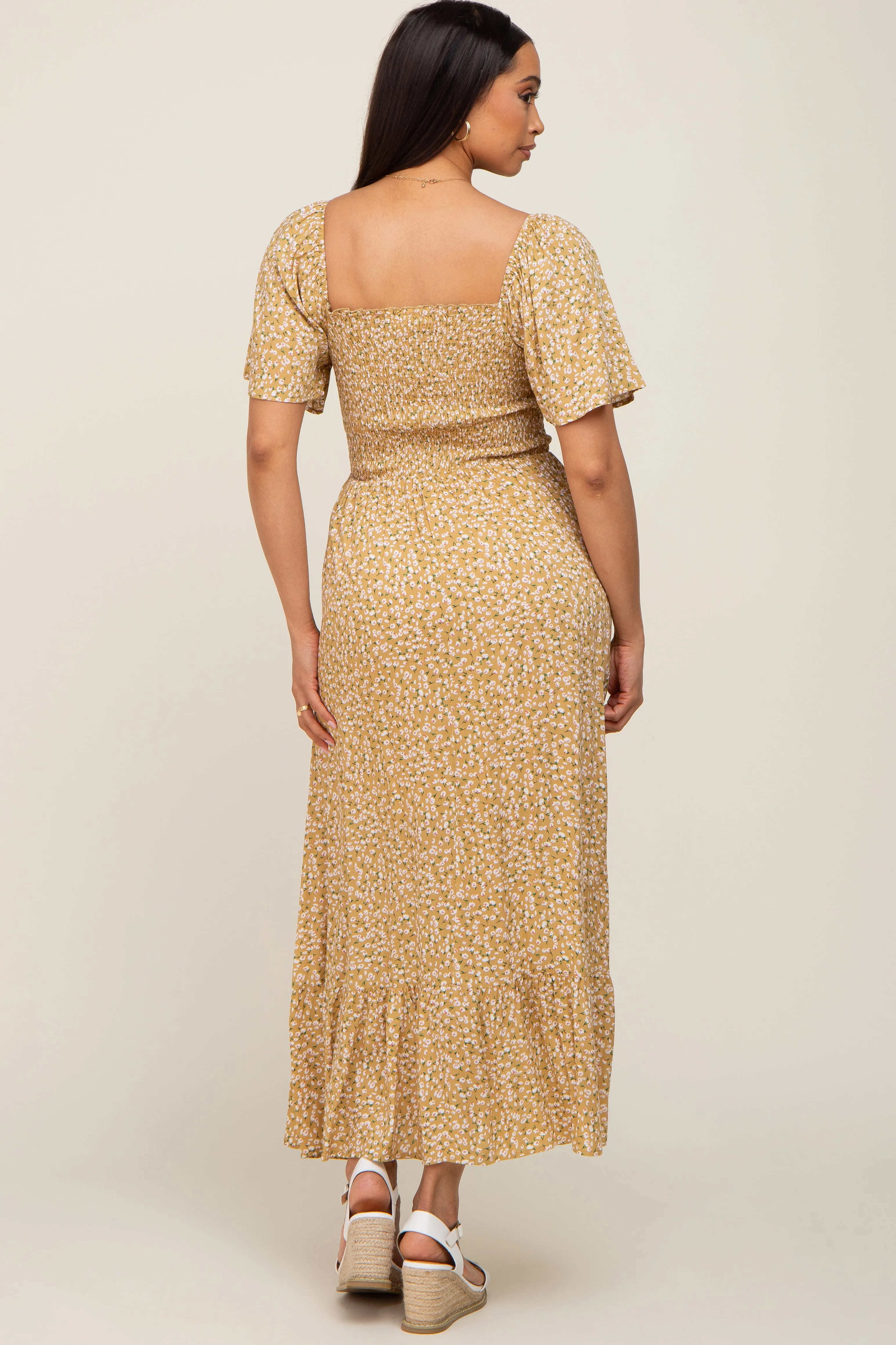 Yellow Floral Smocked Flounce Sleeve Maxi Dress sold by Pinkblush product image thumbnail 3