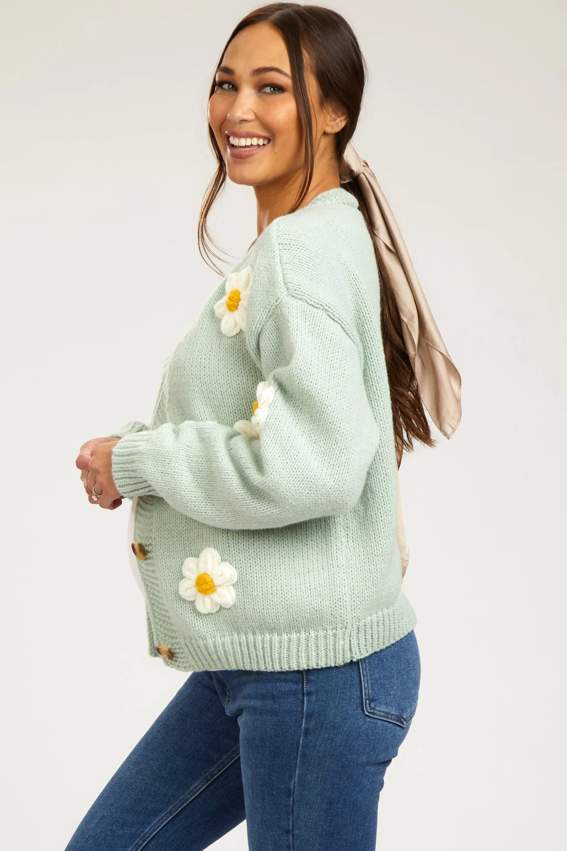 Mint Floral Knit Button Front Maternity Cardigan sold by Pinkblush product image thumbnail 2
