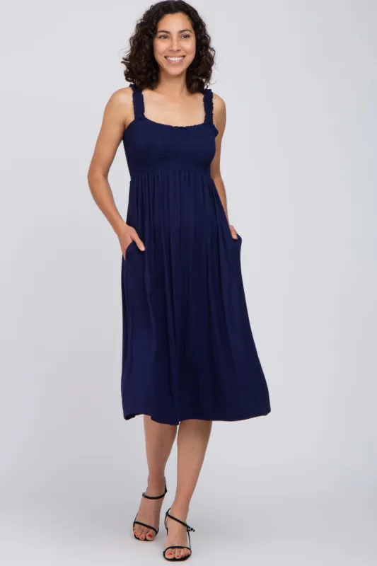 Navy Smocked Ruffle Strap Midi Dress sold by Pinkblush