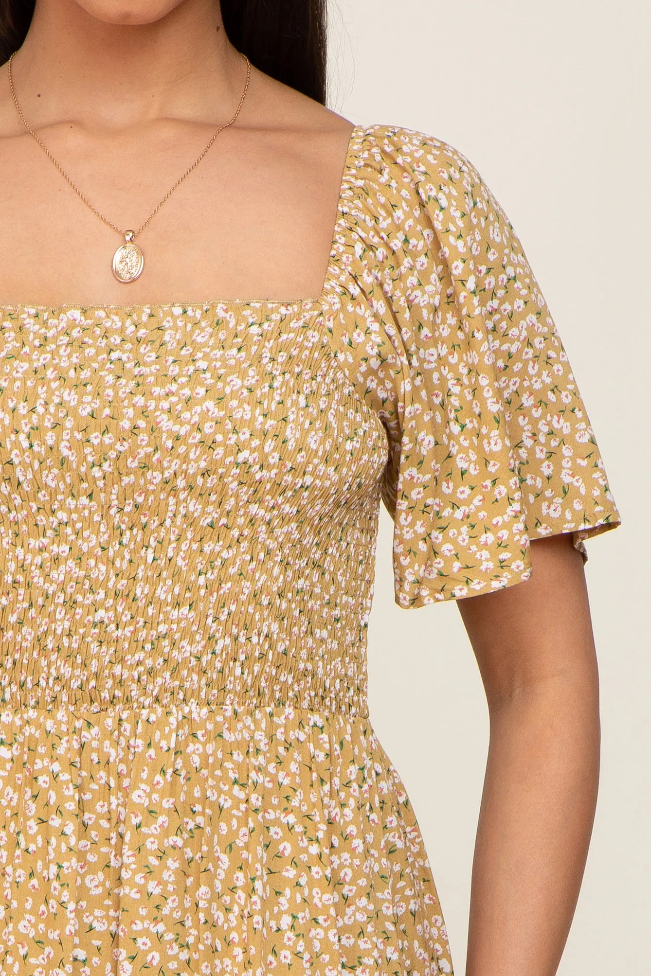 Yellow Floral Smocked Flounce Sleeve Maxi Dress sold by Pinkblush product image thumbnail 4