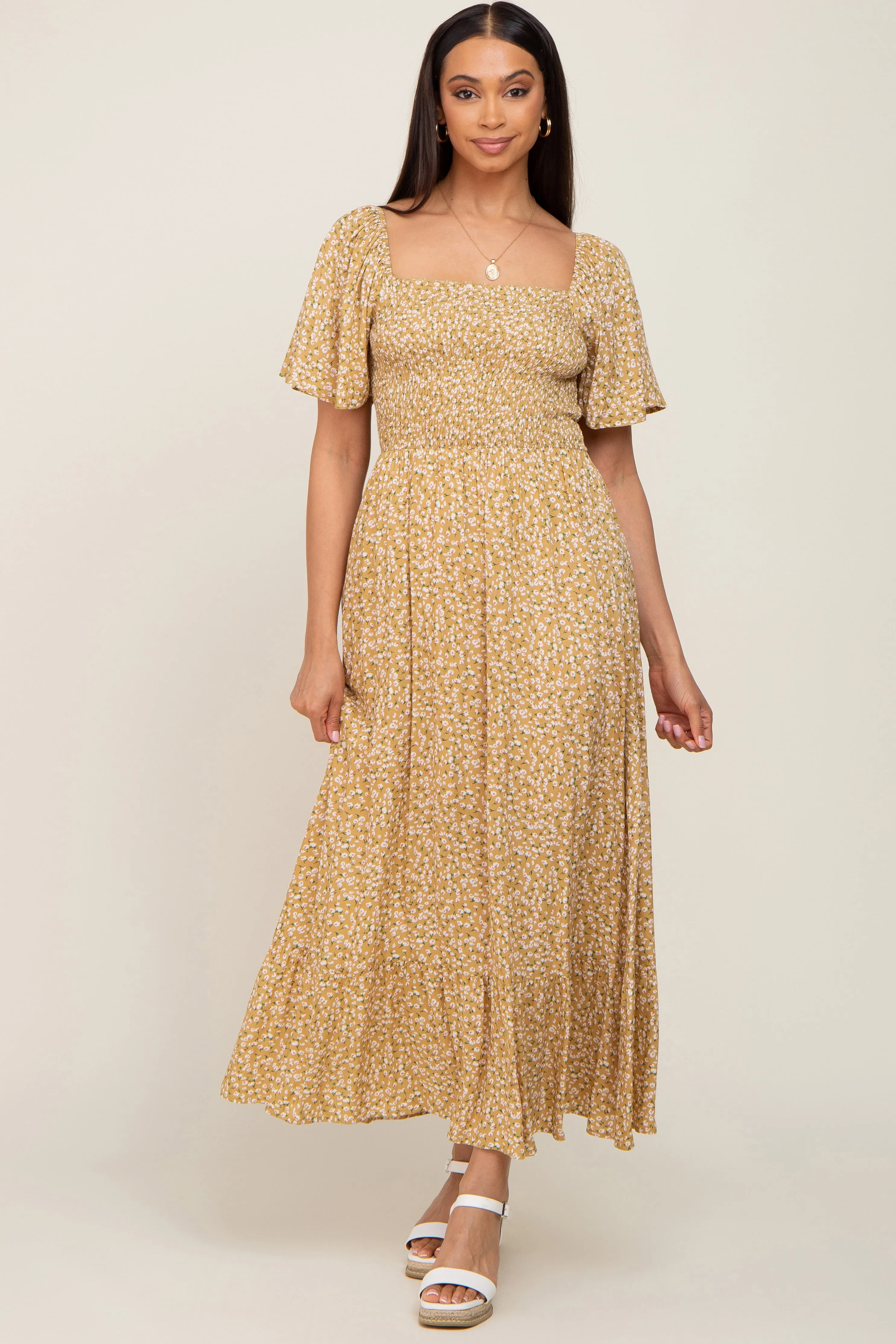 Yellow Floral Smocked Flounce Sleeve Maxi Dress sold by Pinkblush