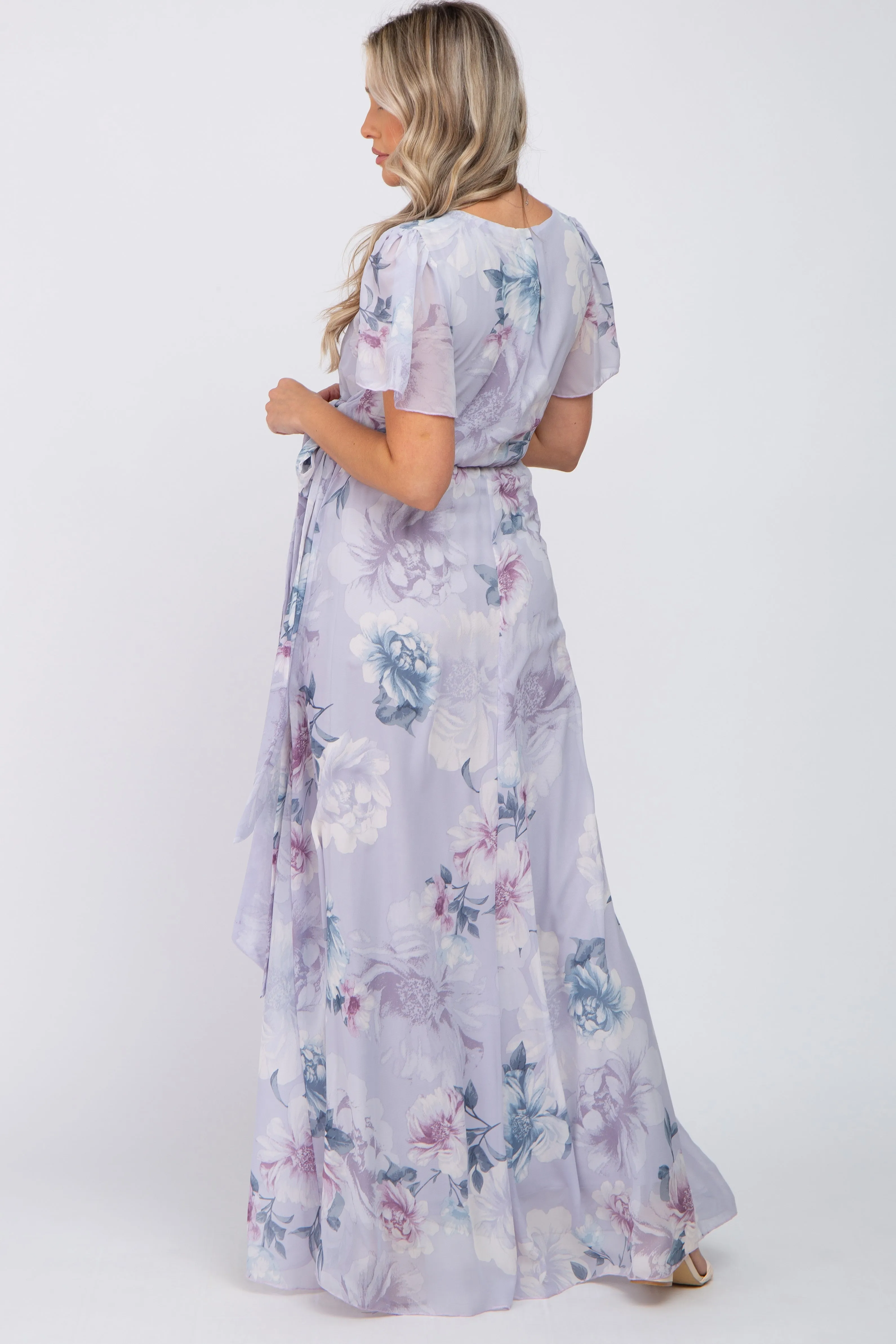 Lavender Floral Chiffon Wrap Front Short Sleeve Maternity Maxi Dress sold by Pinkblush product image thumbnail 3