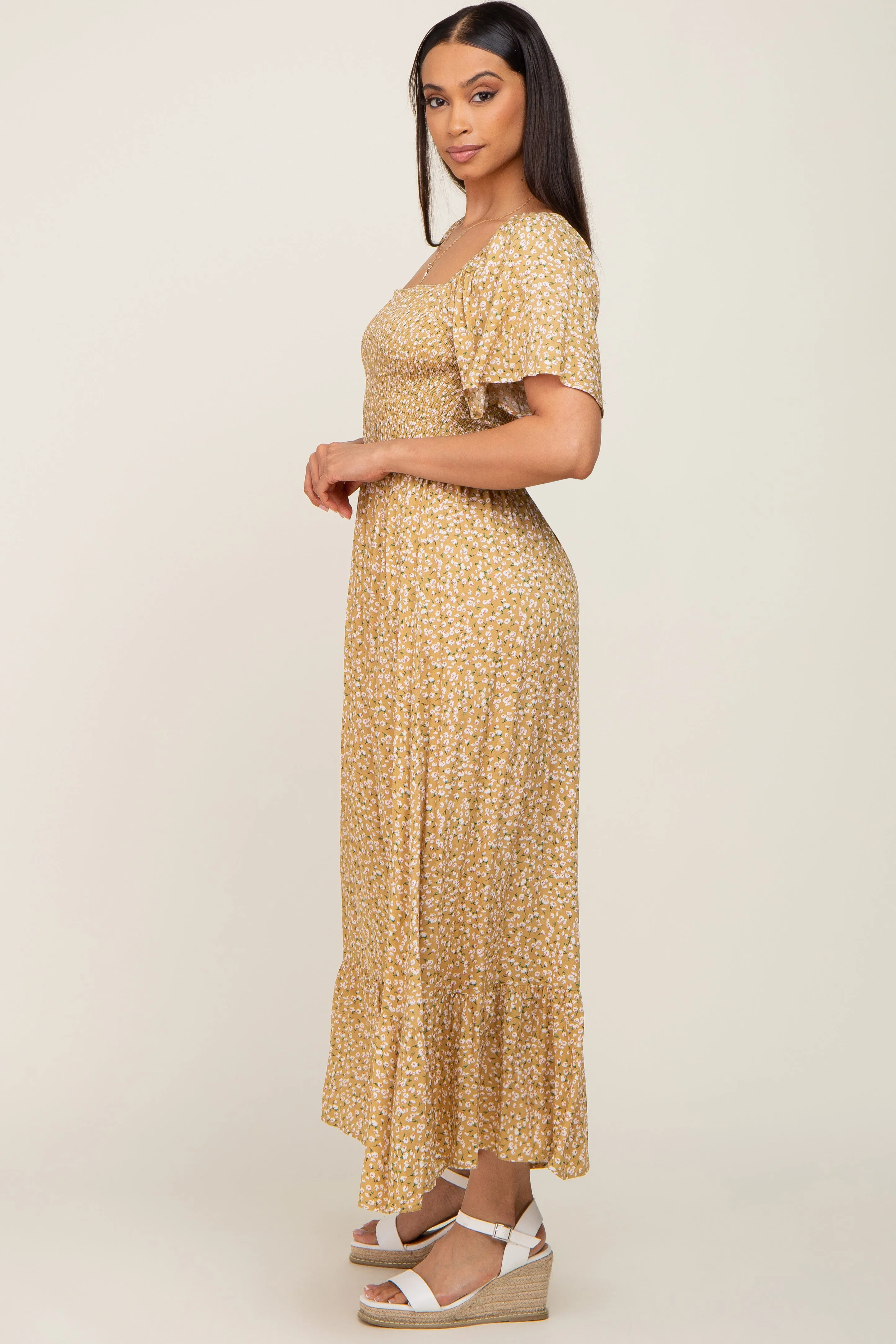 Yellow Floral Smocked Flounce Sleeve Maxi Dress sold by Pinkblush product image thumbnail 2