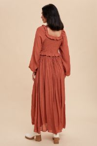 Rust Long Sleeve Ruffle Accent Maxi Dress sold by Pinkblush