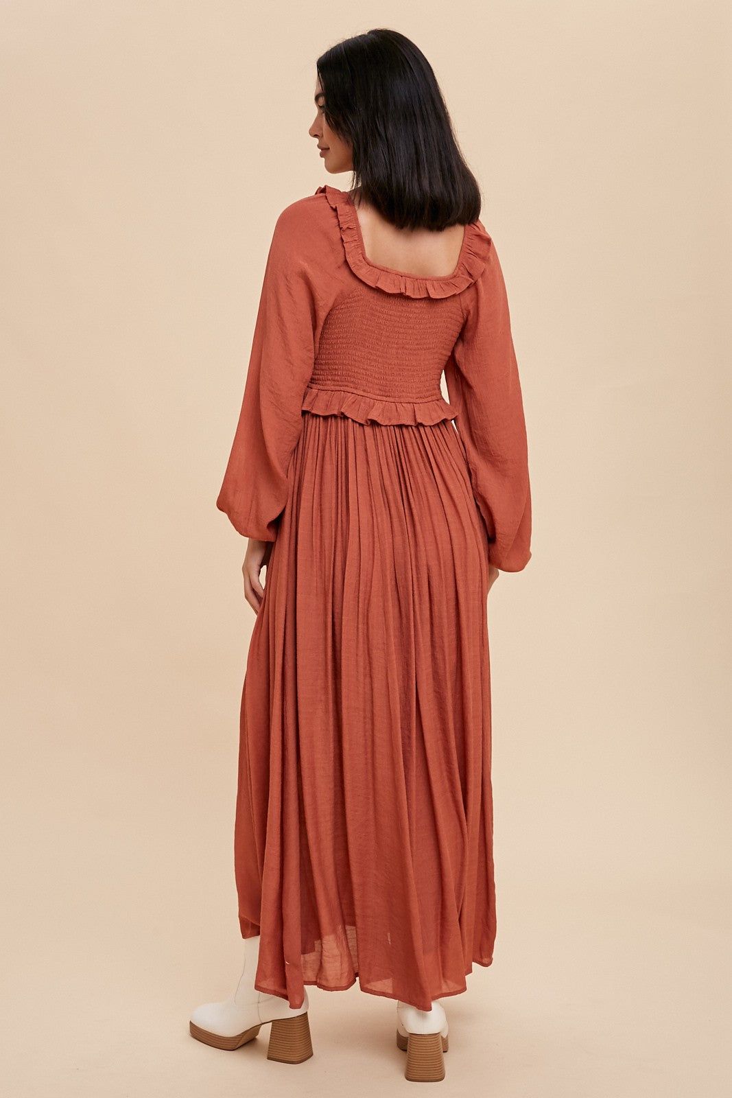 Rust Long Sleeve Ruffle Accent Maxi Dress sold by Pinkblush product image thumbnail 3