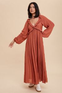 Rust Long Sleeve Ruffle Accent Maxi Dress sold by Pinkblush