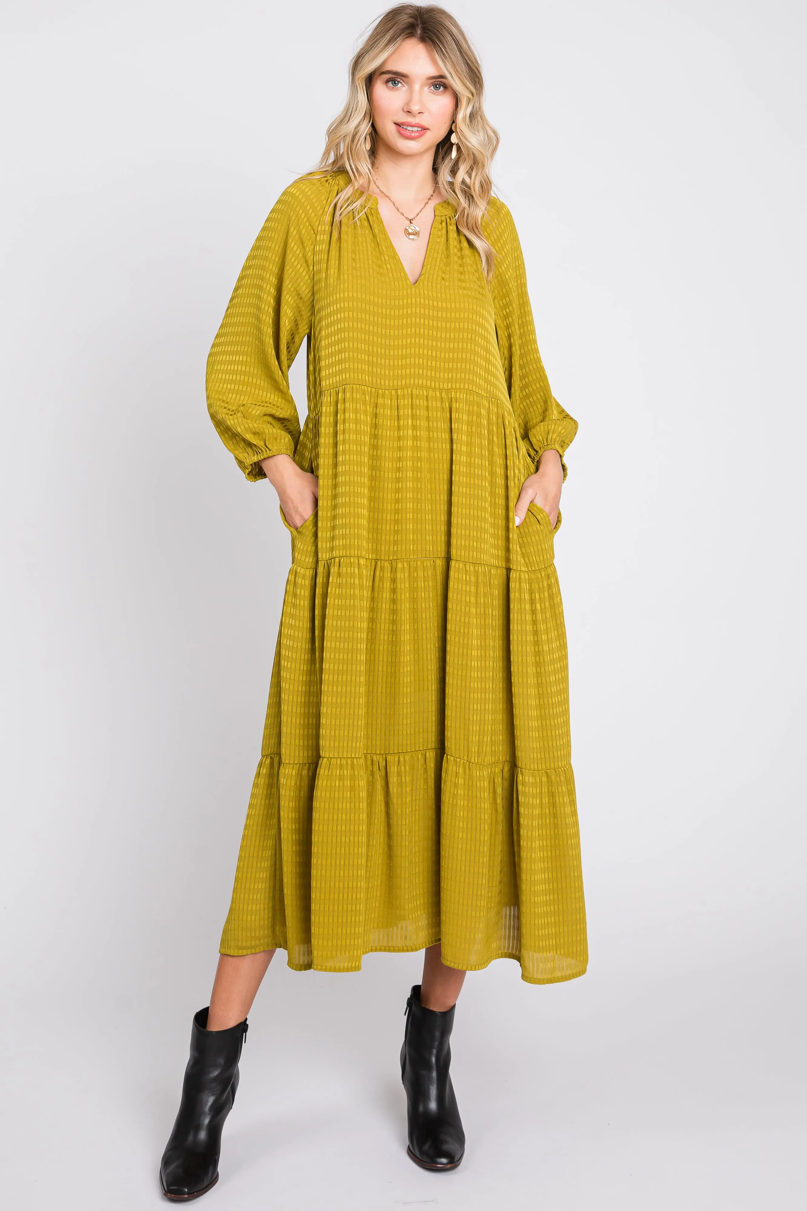 Lime Textured Tiered Midi Dress sold by Pinkblush