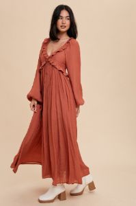 Rust Long Sleeve Ruffle Accent Maxi Dress sold by Pinkblush