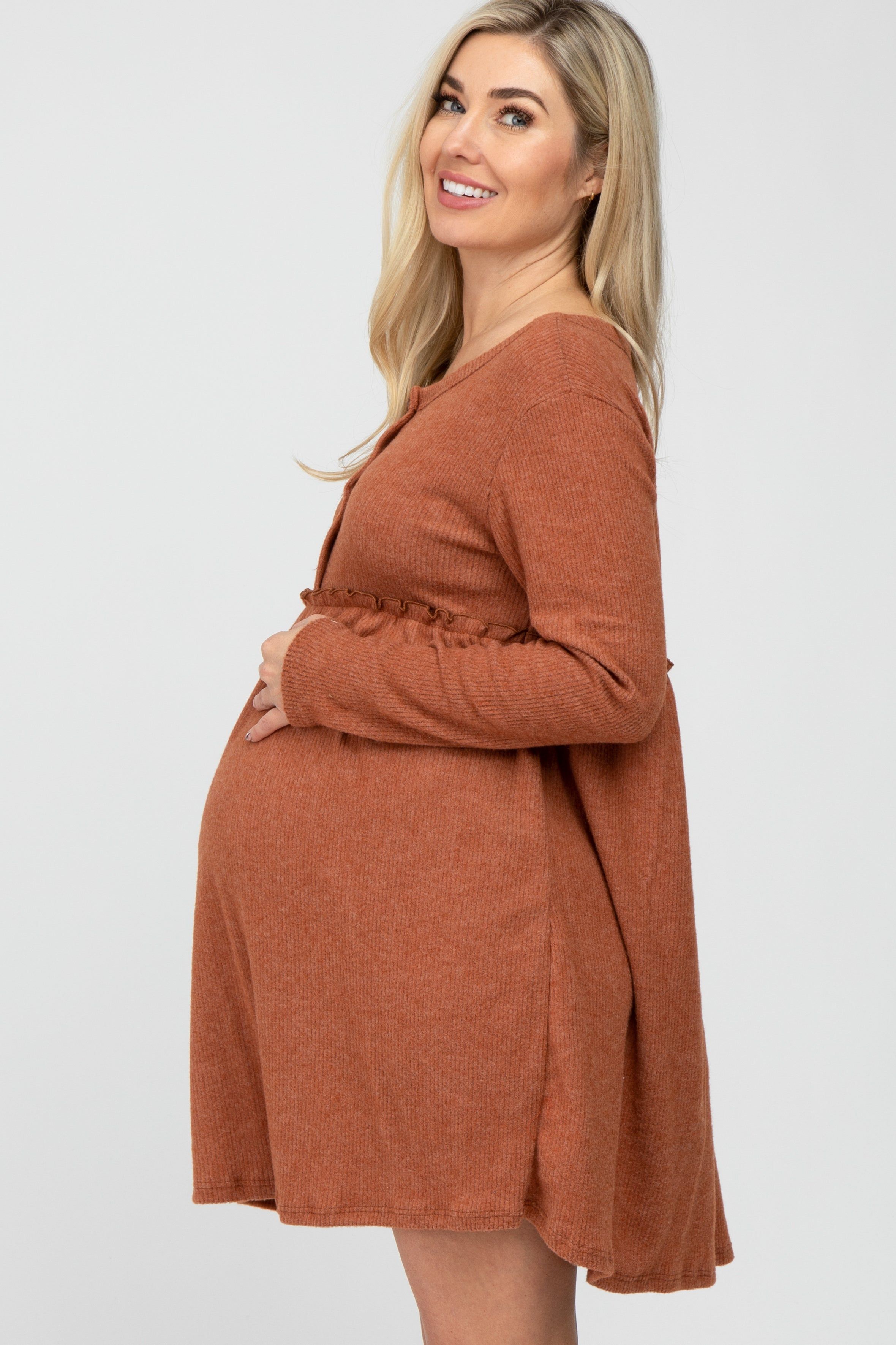Rust Brushed Rib Button Accent Maternity Dress sold by Pinkblush product image thumbnail 3