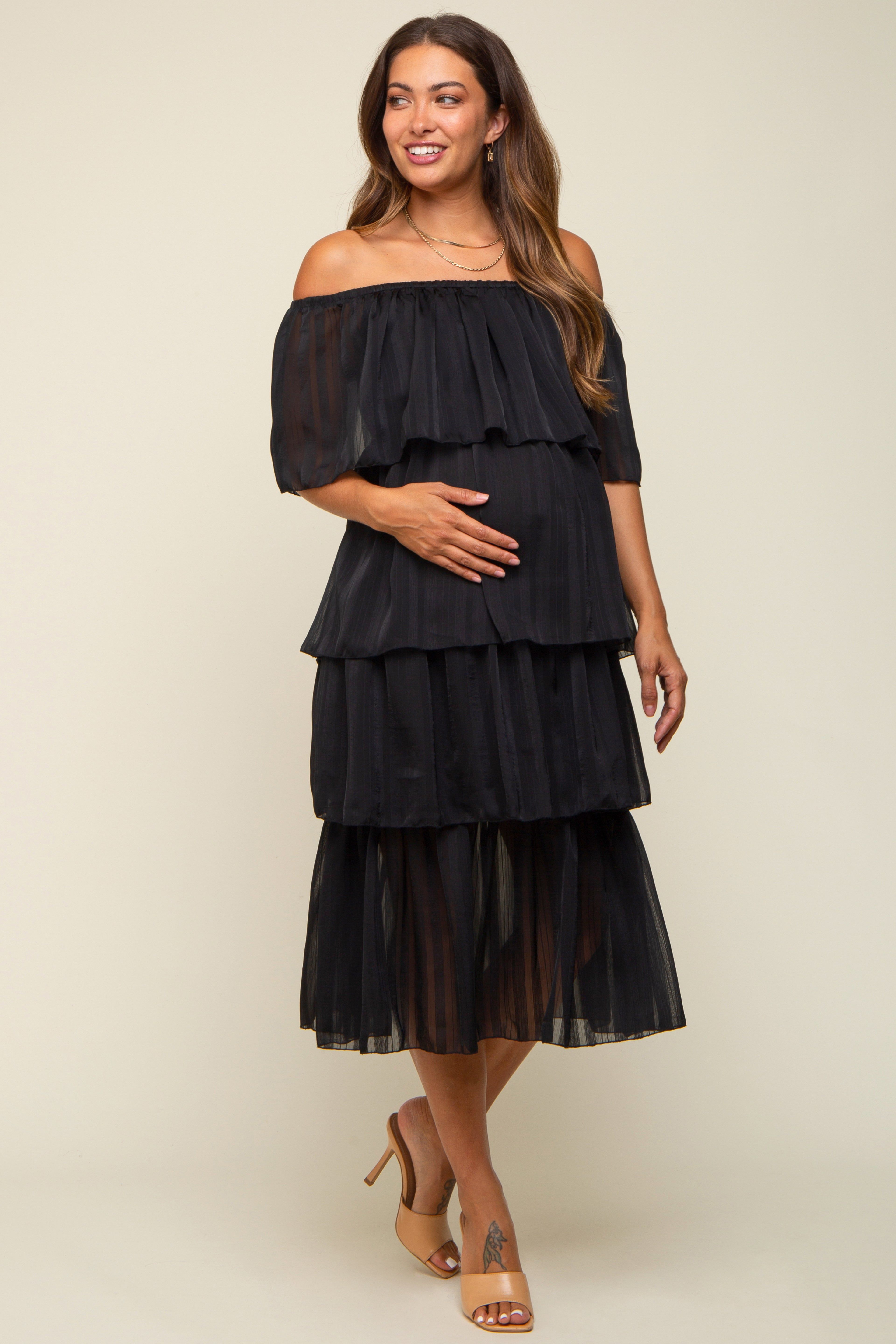 Black Striped Layered Maternity Midi Dress sold by Pinkblush product image thumbnail 2
