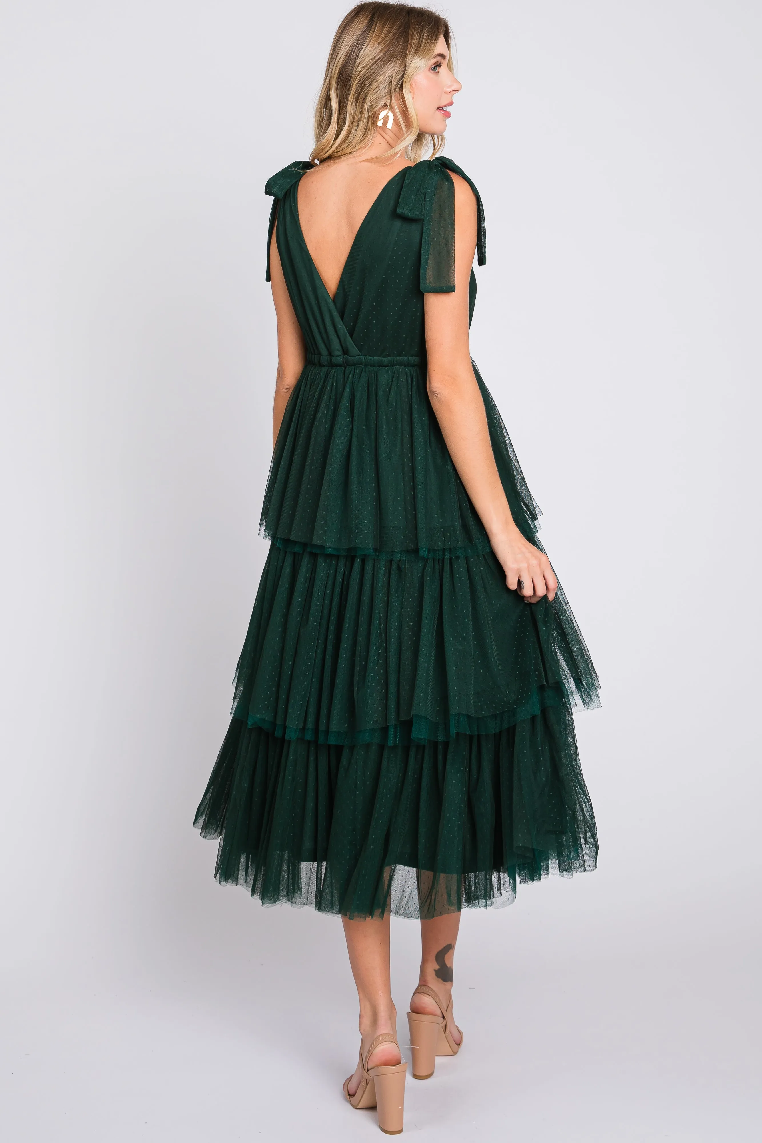 Forest Green Sleeveless Tiered Tie Strap Tulle Midi Dress sold by Pinkblush product image thumbnail 3