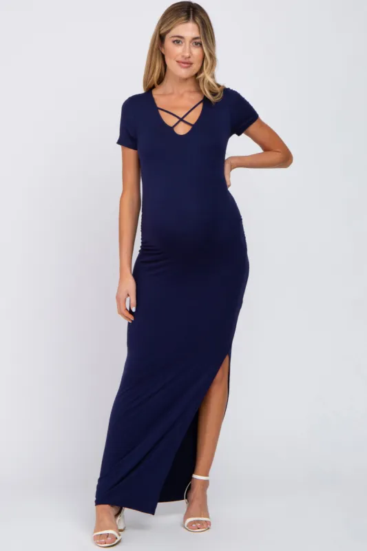 Navy Cross Front Ruched Maternity Maxi Dress sold by Pinkblush