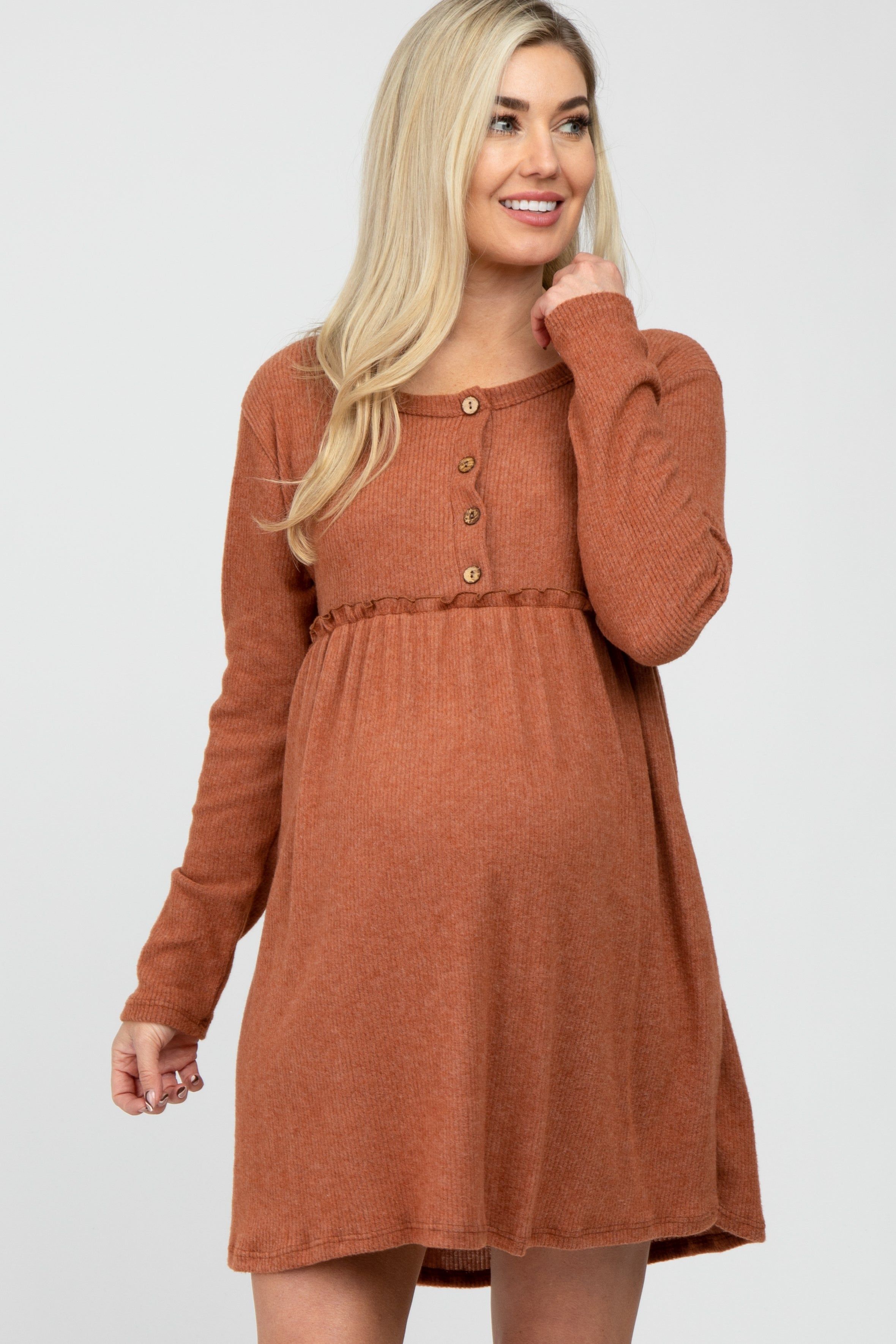 Rust Brushed Rib Button Accent Maternity Dress sold by Pinkblush
