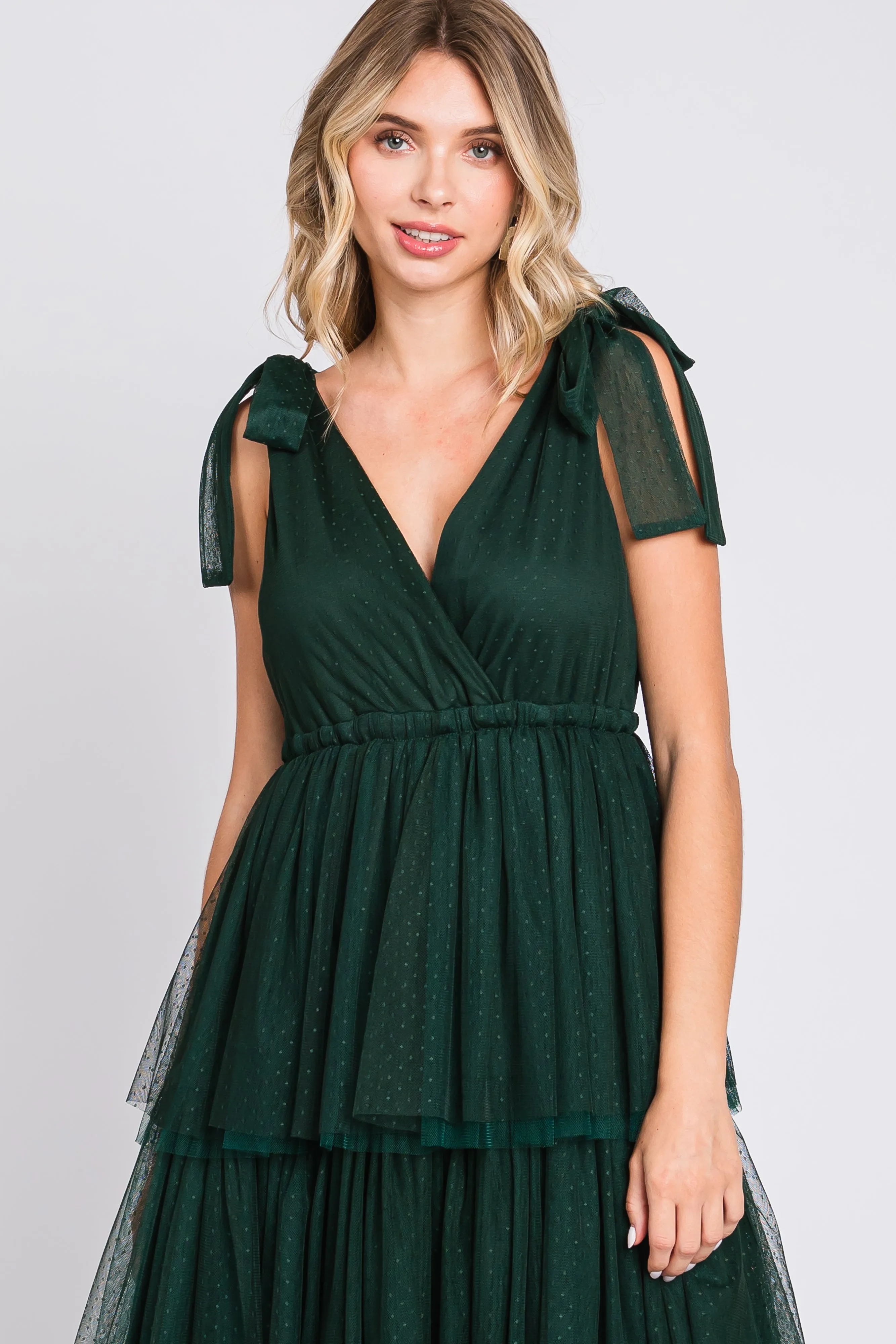 Forest Green Sleeveless Tiered Tie Strap Tulle Midi Dress sold by Pinkblush product image thumbnail 4