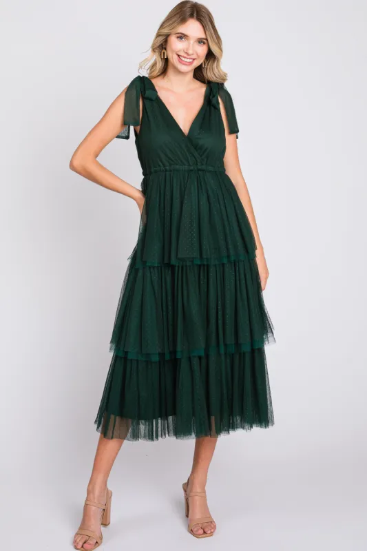 Forest Green Sleeveless Tiered Tie Strap Tulle Midi Dress sold by Pinkblush