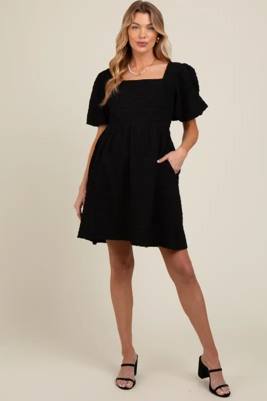 Black Textured Bubble Sleeve Maternity Mini Dress sold by Pinkblush