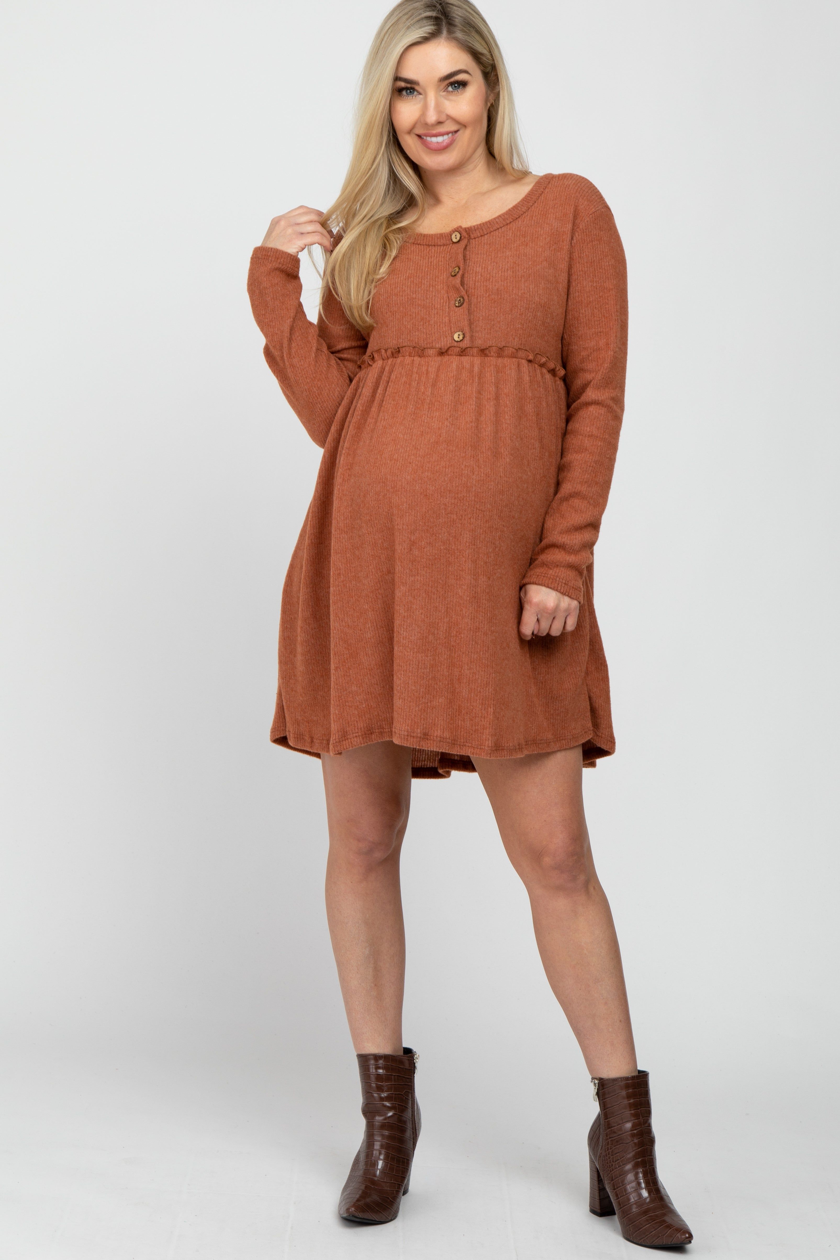 Rust Brushed Rib Button Accent Maternity Dress sold by Pinkblush product image thumbnail 2