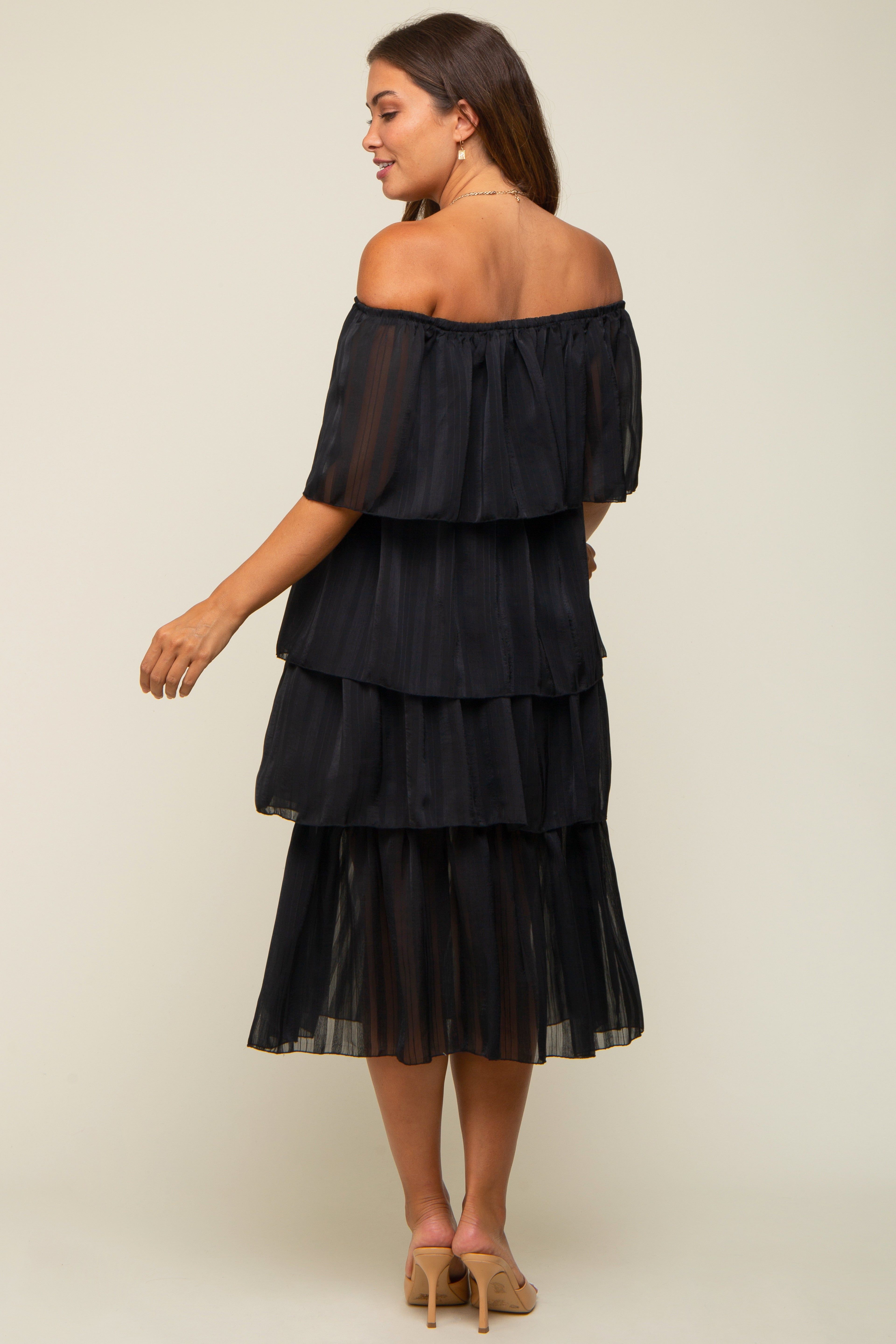 Black Striped Layered Maternity Midi Dress sold by Pinkblush product image thumbnail 4