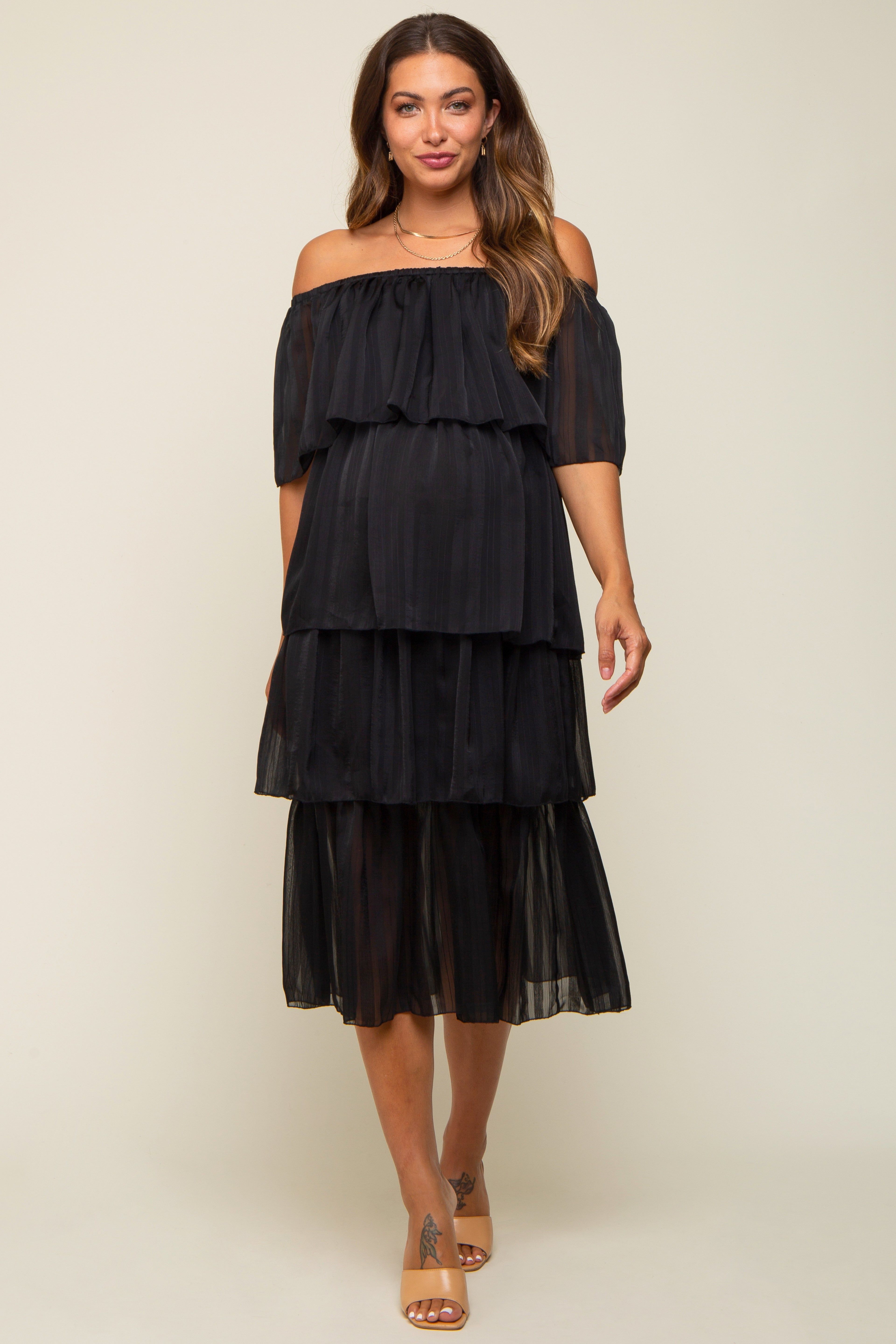 Black Striped Layered Maternity Midi Dress sold by Pinkblush