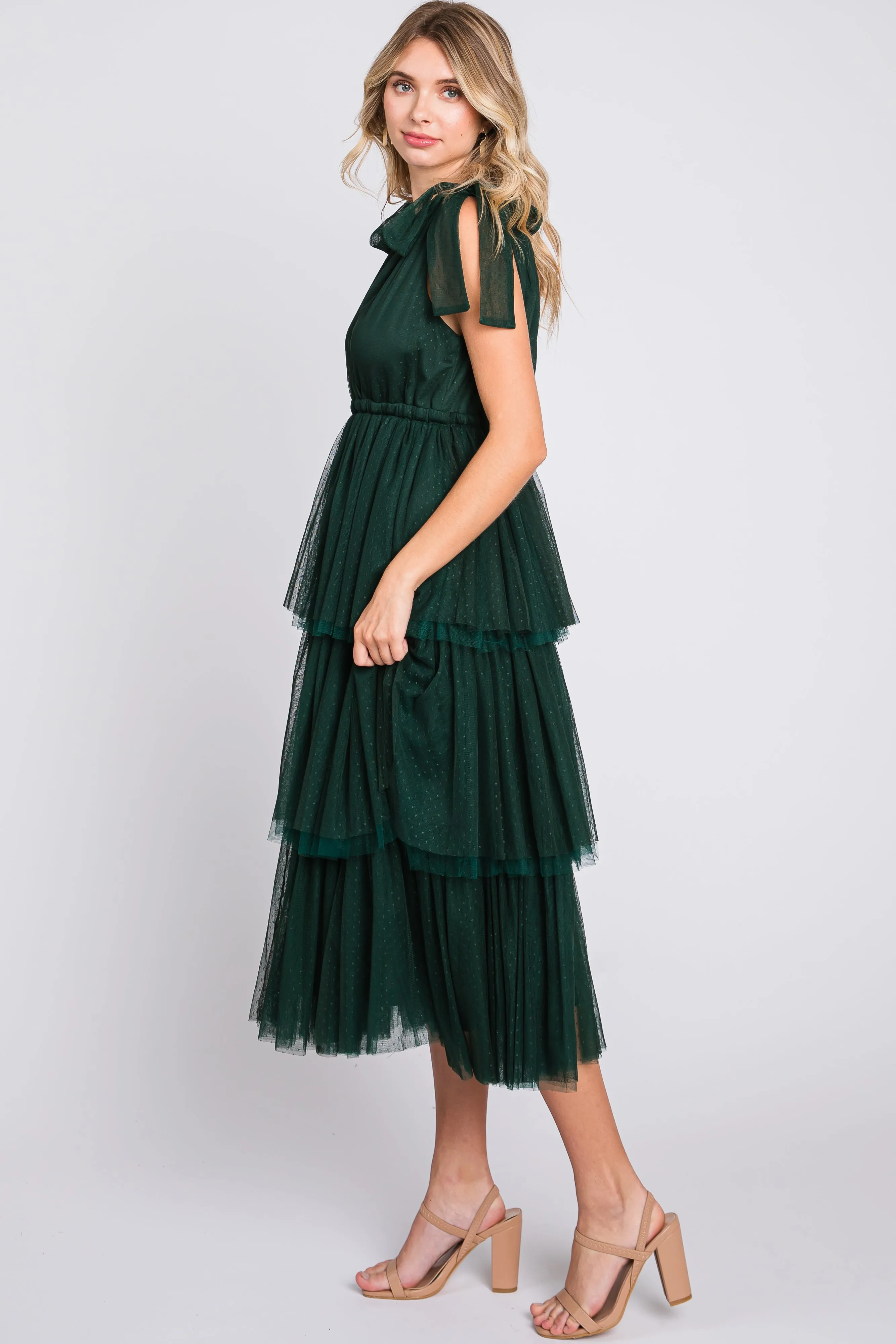 Forest Green Sleeveless Tiered Tie Strap Tulle Midi Dress sold by Pinkblush product image thumbnail 2