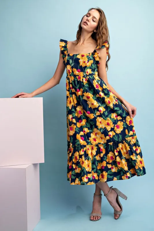 Navy Blue Floral Square Neck Ruffle Shoulder Midi Dress sold by Pinkblush